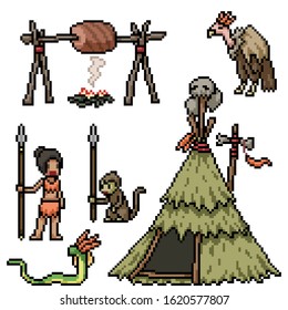 vector pixel art jungle tribe isolated set