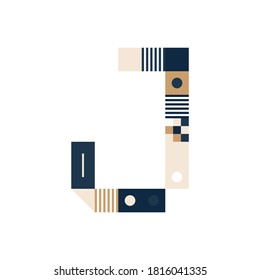 Letra de arte vectorial Pixel J. La carta colorida consiste en módulos de tiras, cuadrados y puntos sobre fondo blanco. Alfabeto geométrico para afiches como marcador electrónico.