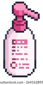 Vector pixel art of liquid soap, shampoo, conditioner for bathing in the bathroom for cleanness of take a bath and shower in pink color variant of element, game, icon, sticker