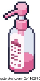 Vector pixel art of liquid soap, shampoo, conditioner for bathing in the bathroom for cleanness of take a bath and shower in pink color variant of element, game, icon, sticker