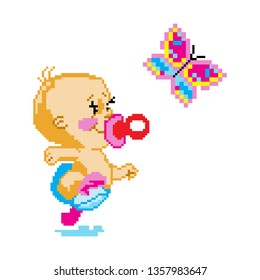 Vector pixel art. Little boy playing with butterfly