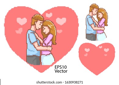 vector pixel art love couple are hugging on heart symbol, couple characters and heart symbol, valentine's day