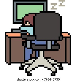 vector pixel art man lazy at work isolated
