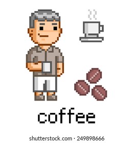 Vector Pixel Art Man And A Mug Of Coffee