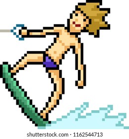 vector pixel art man play surfboard isolated cartoon

