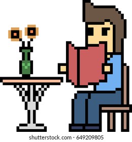 vector pixel art man read book