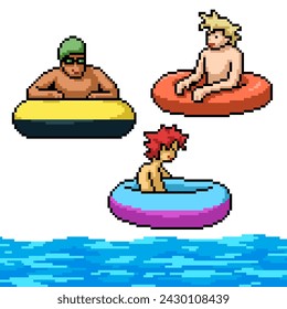 vector pixel art of man swim rubber ring