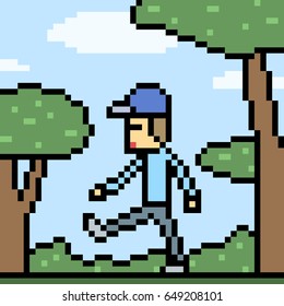 vector pixel art man walk relax