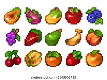 Vector pixel art of many kind of fresh colorful fruits of daily for breakfast, lunch, dinner can be found in market, grocery, supermarket, garden, farm for sticker, element, icon, game