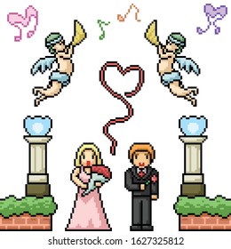 vector pixel art marriage couple isolated set