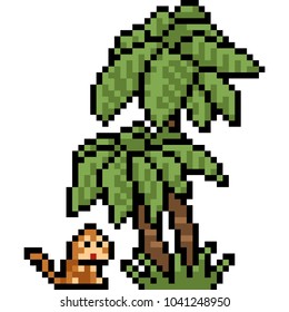 Vector Pixel Art Monkey Palm Tree Isolated Cartoon