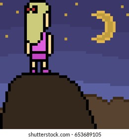 vector pixel art mountain night woman