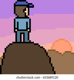 Vector Pixel Art Mountain Sunset Man