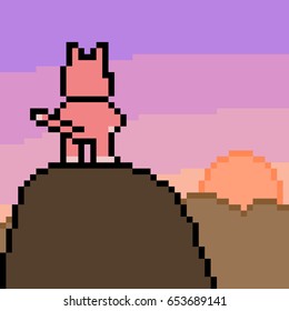 vector pixel art mountain sunset cat