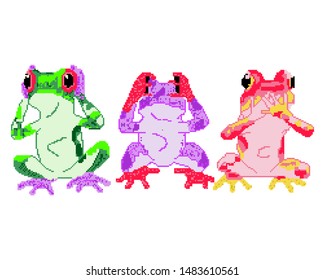 Vector pixel art. Multi-colored little funny frogs on white background