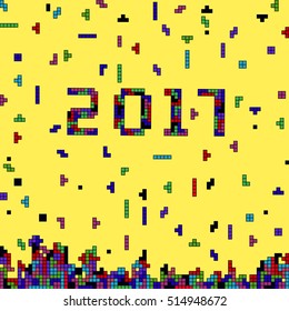 Vector of pixel art New Year 2017 with colorful abstract background made of colorful pixel  bricks shapes. Ideal for room decoration, wrapping, cards, banners, backgrounds.