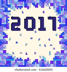 Vector of pixel art New year 2017 with colorful abstract background made of bricks shapes. Colorful pixel  bricks shapes. Ideal for room decoration, wrapping, cards, banners, backgrounds.