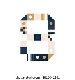 Vector Pixel Art number eight. Colorful number 8 Consist of Modules from Strips, squares and dots on white background. Geometric Alphabet for Posters like electronic scoreboard.