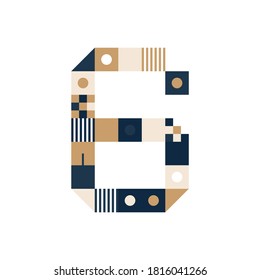 Vector Pixel Art number six. Colorful number 6 Consist of Modules from Strips, squares and dots on white background. Geometric Alphabet for Posters like electronic scoreboard.