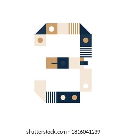 Vektor Pixel Art Nummer drei. Farbige Zahl 3: Kombinationen aus Streifen, Quadraten und Punkten auf weißem Hintergrund. Geometrisches Alphabet für Poster wie elektronisches Scoreboard.