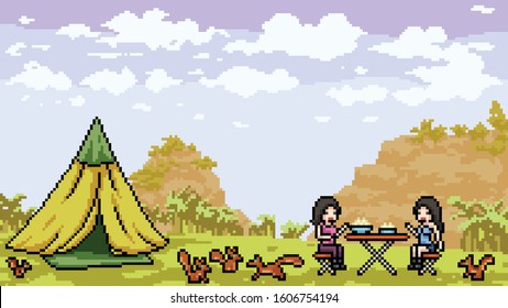 vector pixel art outdoor picnic cartoon scene