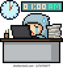 vector pixel art overtime work isolated cartoon