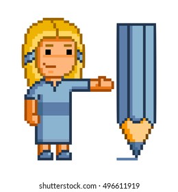 Vector pixel art painter and artist on white background.