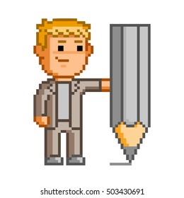 Vector pixel art painter and artist on white background.