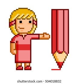 Vector pixel art painter or artist on white background.