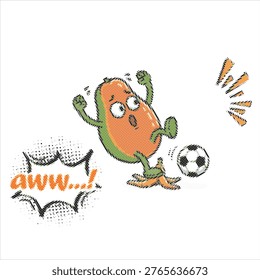 Vector pixel art, papaya stepping on banana shell with aww written on it