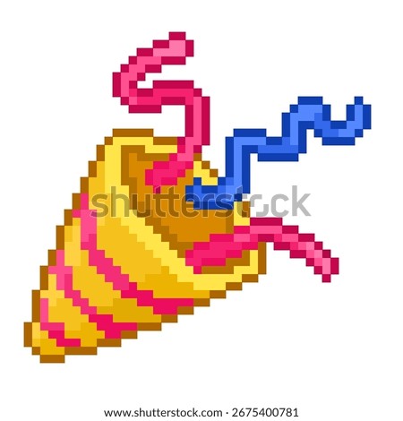 Vector pixel art of party popper or confetti to celebrate any party occasion like birthday or anniversary in yellow and pink color for game, sticker, element, icon