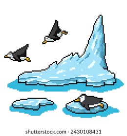 vector pixel art of penguin slide iceberg