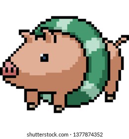 vector pixel art pig lifebuoy isolated cartoon