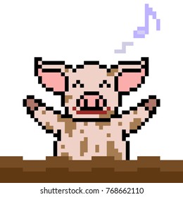 vector pixel art pig play mud isolated