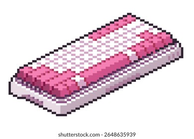 Vector pixel art of pink and white computer or laptop keyboard for typing, gaming or browsing for element, game, icon, sticker
