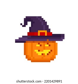 Vector Pixel art Pumpkin head in witch's hat. Pixel Funny Halloween Pumpkin in retro computer game style. 8-bit pixel pumpkin with smile on white background