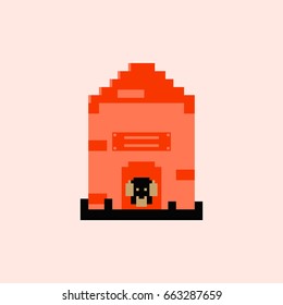 Vector pixel art puppy in dog house