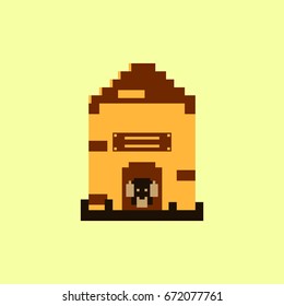 Vector pixel art puppy in dog house