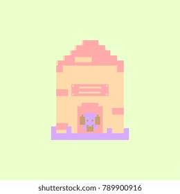 Vector pixel art puppy in dog house