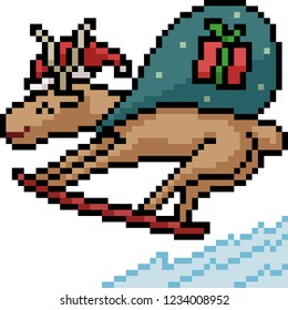 Vector pixel art reno esquí aislado de dibujos animados
