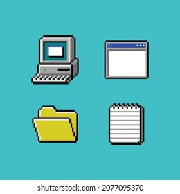 Vector pixel art retro computer monitor with keyboard, opened application window, directory folder and notepad text file program shortcut, 8 bit icon asset on blue background