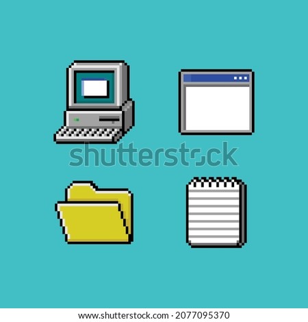 Vector pixel art retro computer monitor with keyboard, opened application window, directory folder and notepad text file program shortcut, 8 bit icon asset on blue background Foto stock © 
