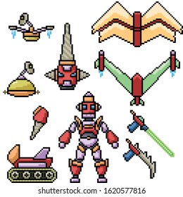 vector pixel art robot toy isolated set