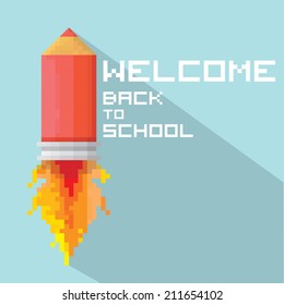 vector pixel art rocket pencil with fire tale. concept of back to school