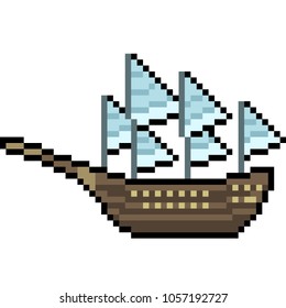Vector pixel art barco de vela aislado de dibujos animados