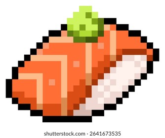 Vector pixel art of salmon nigiri or sake nigiri sushi with wasabi on top for lunch or dinner for sticker, element, icon, game