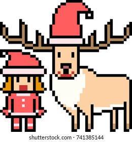 vector pixel art santa deer isolated