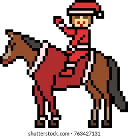 vector pixel art santa ride horse isolated