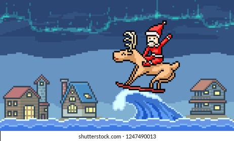 Vector Pixel Art Santa Surf Board