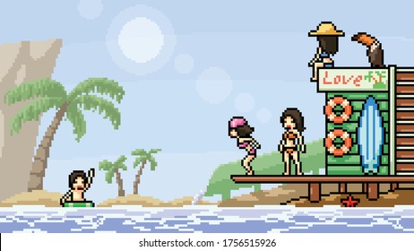 Vector Pixel Art Scene Beach Party